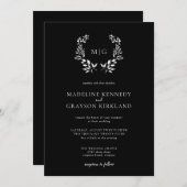 葉ミニマル板 |白黒モノグラム結婚ズ 招待状 (正面/裏面)