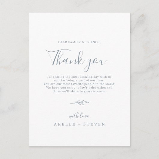 葉ミニマル板 | Dusty Blueありがとうございました披露宴カード ポストカード (正面)