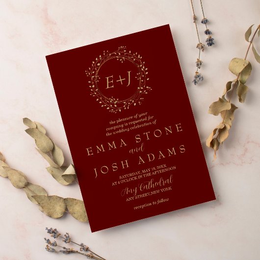 葉ミニマル板 | Red フォーマル Monogram結婚's 招待状
