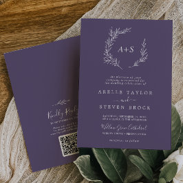 葉ミニマル梅紫色モノグラムQRコード結婚s 招待状