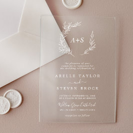 葉ミニマル白モノグラム緑ボホ結婚の アクリル招待状