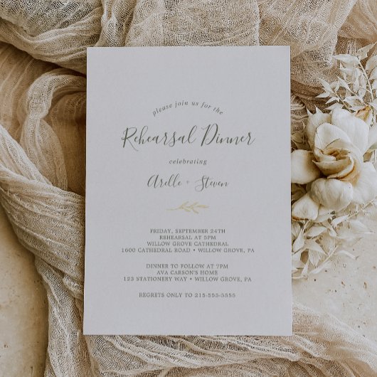 葉ミニマル箔 |オリーブグリーンリハーサルディナー 箔招待状