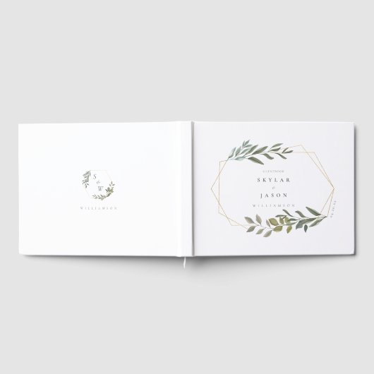 葉ミニマル緑と金ゴールド幾何学的テラリウム ゲストブック (全面)