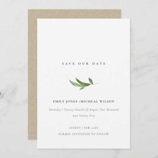 葉ミニマル葉の水の色救私たちの日付 招待状 (正面/裏面)