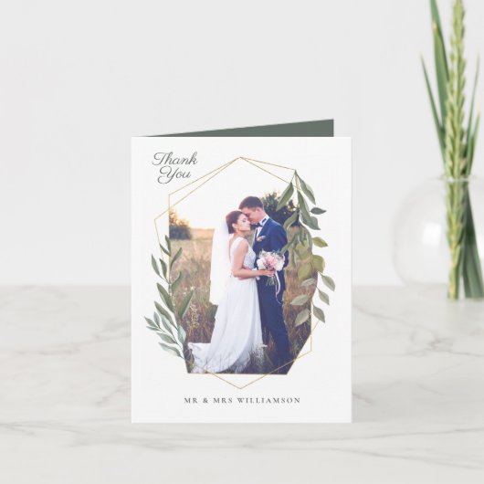 葉ミニマル&金ゴールド幾何学写真 サンキューカード (正面)