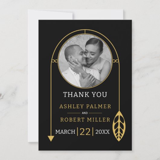 葉モダンと写真の付いた金ゴールドフレー結婚ム サンキューカード (正面)