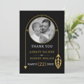 葉モダンと写真の付いた金ゴールドフレー結婚ム サンキューカード (スタンド正面)