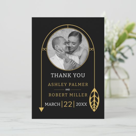 葉モダンと写真の付いた金ゴールドフレー結婚ム サンキューカード (スタンド正面)