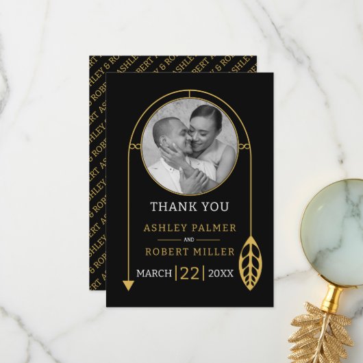 葉モダンと写真の付いた金ゴールドフレー結婚ム サンキューカード (正面/裏面インサイチュ)