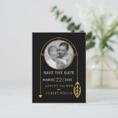 葉モダンと写真の付いた金ゴールドフレー結婚ム ポストカード (スタンド正面)