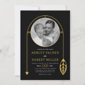 葉モダンと写真の付いた金ゴールドフレー結婚ム 招待状 (正面)