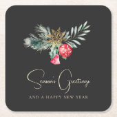 葉モダンエレガント金ゴールド赤クリスマスパーティー スクエアペーパーコースター (正面)