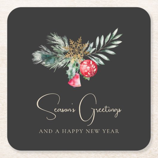 葉モダンエレガント金ゴールド赤クリスマスパーティー スクエアペーパーコースター (正面)