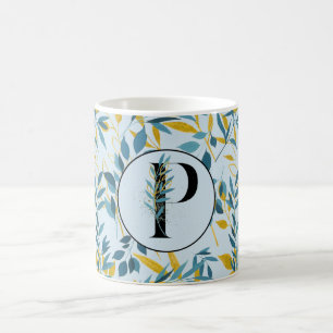 葉モダンネイビーブルー金ゴールド「Letter P」 コーヒーマグカップ
