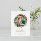 葉モダンリースメリークリスマススクリプト 箔シーズンポストカード (立ち正面)