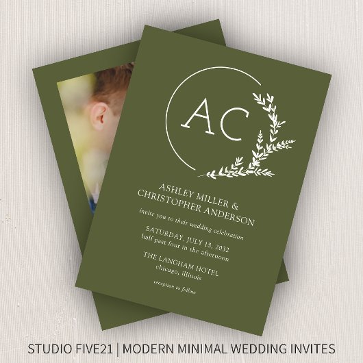 葉モダン枠オリーブ緑の結婚写真 招待状