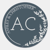 葉モダン枠ネイビーブルー結婚ズ ラウンドシール (正面)