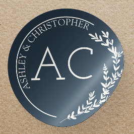 葉モダン枠ネイビーブルー結婚ズ ラウンドシール