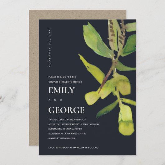 葉モダン色のシックな黒い葉付きカップルのシャワーカード サンキューカード (正面/裏面)