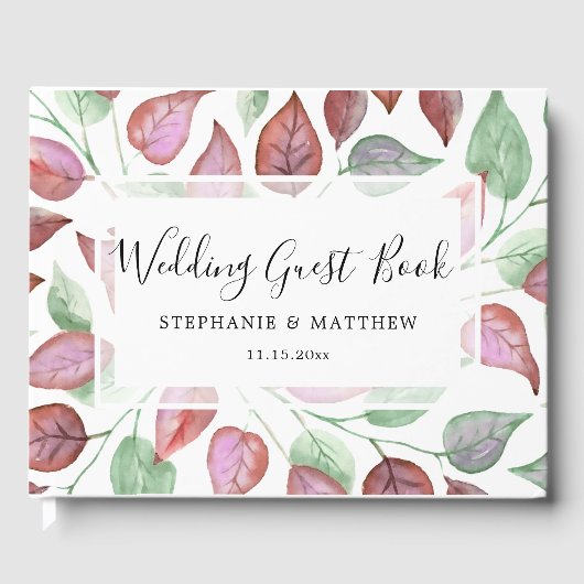 葉モダン色バーグンディ色彩の鮮やか結婚ズ ゲストブック (正面)