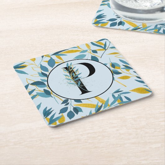 葉モダン金ゴールド「Letter P」 スクエアペーパーコースター (アングル)