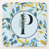 葉モダン金ゴールド「Letter P」 スクエアペーパーコースター (正面)