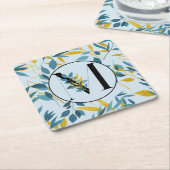 葉モダン青金ゴールド「Letter M」 スクエアペーパーコースター (アングル)