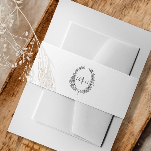 葉モノグラムアートスケッチダークグレーの白 招待状ベリーバンド