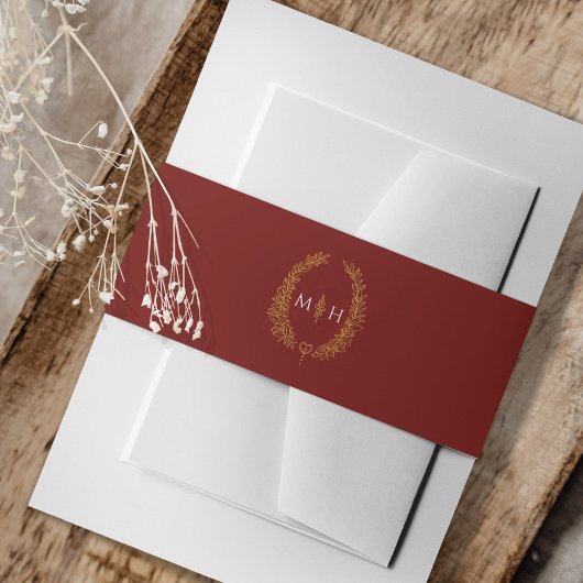 葉モノグラムアートスケッチダークブルゴーニュ金ゴールド 招待状ベリーバンド