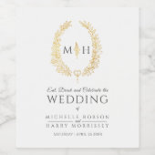 葉モノグラムアートブラックと金ゴールド結婚ズ ワインラベル (シングルラベル)