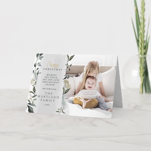 葉ユーカリモダンプタススクリプト写真クリスマス シーズンカード (正面)