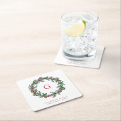 葉リースモノグラムファミリークリスマス スクエアペーパーコースター (インサイチュ)