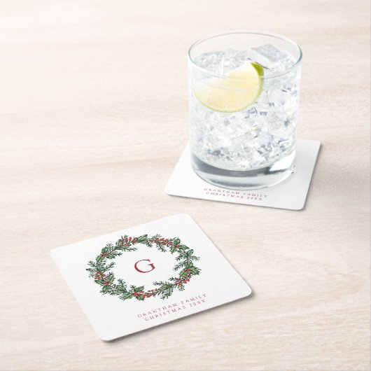 葉リースモノグラムファミリークリスマス スクエアペーパーコースター (インサイチュ)