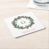 葉リースモノグラムファミリークリスマス スクエアペーパーコースター (アングル)