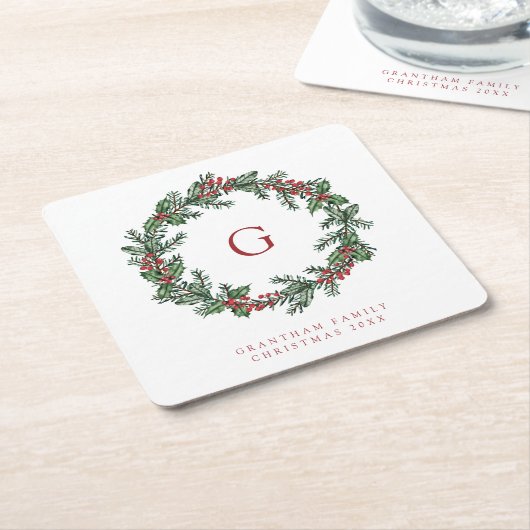 葉リースモノグラムファミリークリスマス スクエアペーパーコースター (アングル)