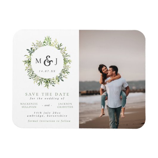 葉リースモノグ結婚ラムの写真Save the Date マグネット (横)