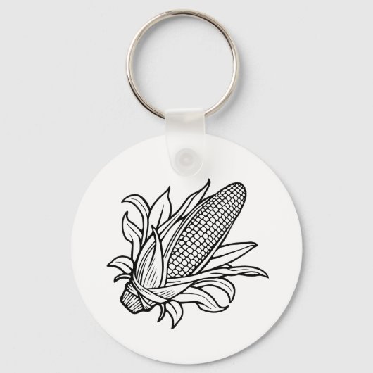葉付きの黒と白のトウモロコシのアイコン キーホルダー (正面)