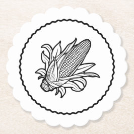 葉付きの黒と白のトウモロコシのアイコン ペーパーコースター