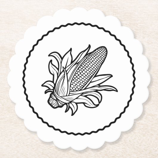 葉付きの黒と白のトウモロコシのアイコン ペーパーコースター (正面)