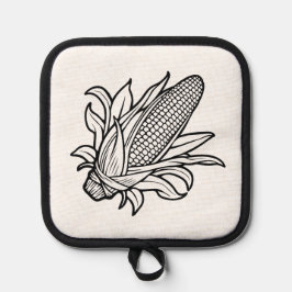 葉付きの黒と白のトウモロコシのアイコン 鍋敷き