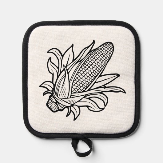 葉付きの黒と白のトウモロコシのアイコン 鍋敷き (正面)