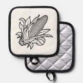 葉付きの黒と白のトウモロコシのアイコン 鍋敷き (正面/裏面)