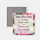 葉付きピンクのハイドランジア Save the Date マグネット (正面/裏面)