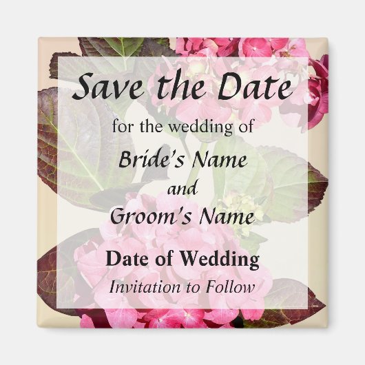 葉付きピンクのハイドランジア Save the Date マグネット (正面)