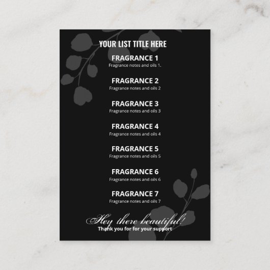 葉付き植物性黒と灰色の製品リストカード 名刺 (裏面)