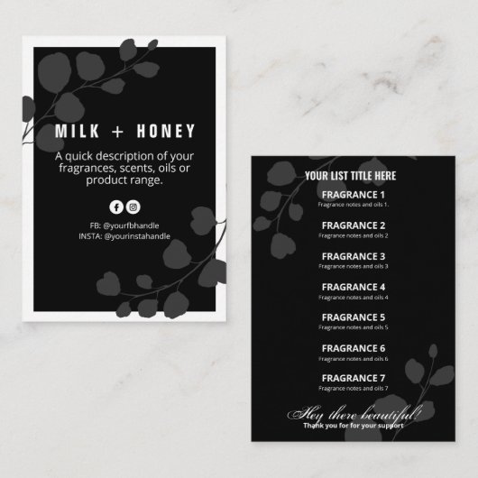 葉付き植物性黒と灰色の製品リストカード 名刺 (正面/裏面)