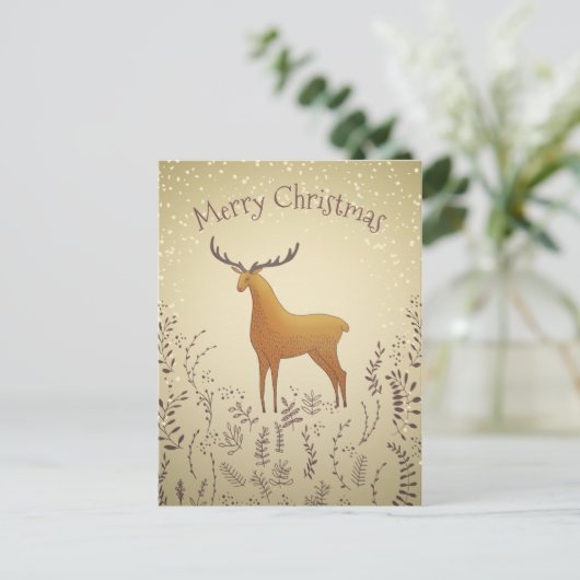 葉付き鹿と雪片のクリスマスハガキ ポストカード (スタンド正面)