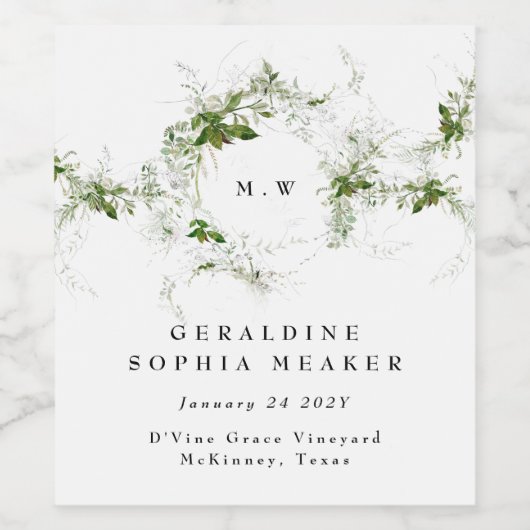 葉付エレガントユーカリリースモノグラム結婚ズ ワインラベル (シングルラベル)