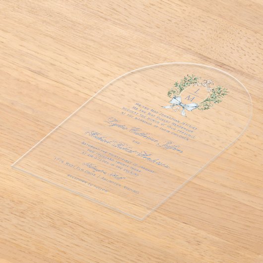 葉伝統的頂（弓あり） |モノグラム結婚ズ アクリル招待状 (レイダウン)