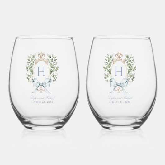 葉伝統的頂(弓あり) |モノグラム結婚ズ ステムなしワイングラス (正面)